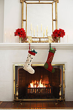 壁炉,满,圣诞袜,圣诞节