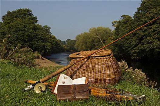 威尔士,传统,鲑鱼,钓具,旁侧,迪河,靠近