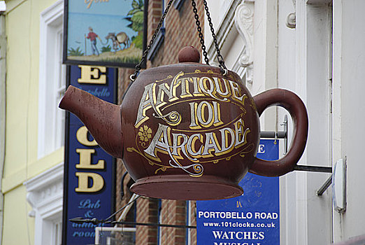 英格兰,伦敦,山,巨大,茶壶,悬挂,户外,古玩店,波多贝罗路