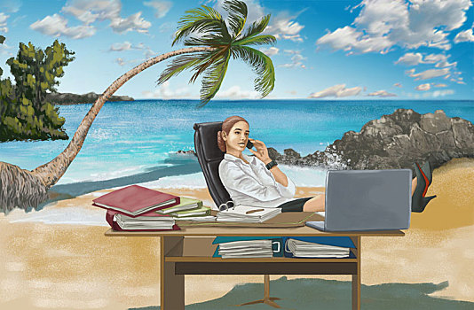 插画,图像,职业女性,工作,书桌,岛屿,商务旅行