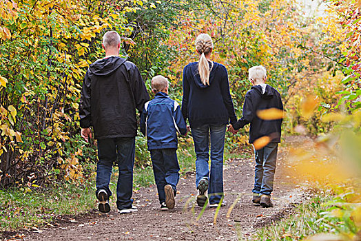 家庭,走,一起,小路,公园,艾伯塔省,加拿大