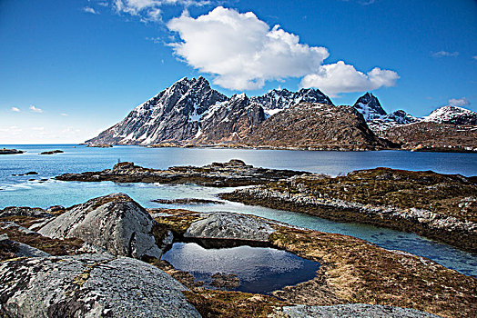 崎岖,山,仰视,蓝色,冬天,天空,高处,峡湾,罗弗敦群岛,挪威