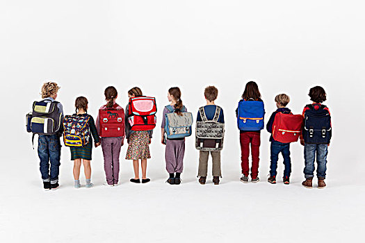 学童,穿,背包,站立,排列,后视图