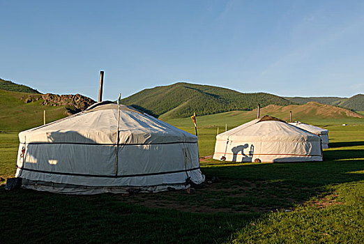 蒙古包,露营,草地,鄂尔浑,瀑布,正面,山峦,自然,自然保护区,蒙古,亚洲