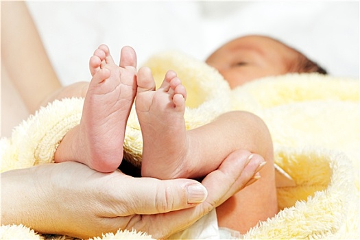 婴儿,脚,母亲,软,黄色,毯子