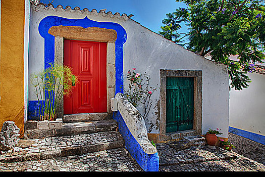 葡萄牙,奥比都斯,鲜明,红色,门,彩色,家,室内,城墙