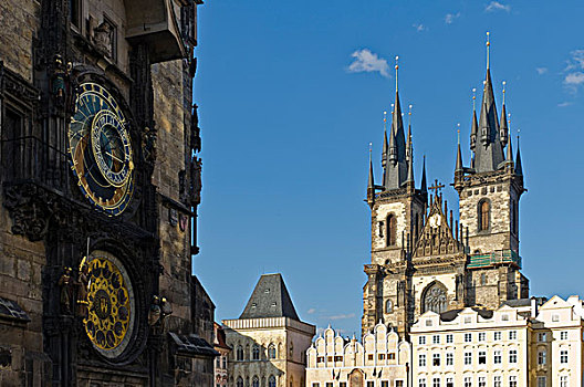 天文钟,市政厅,塔,提恩教堂,布拉格,捷克共和国,欧洲