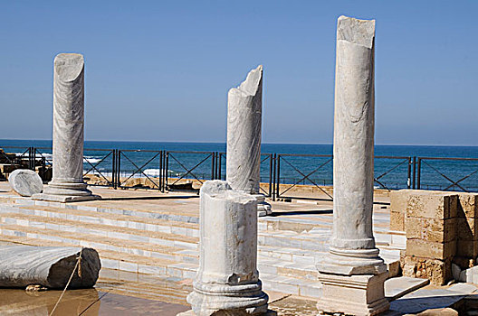 遗迹,凯瑟利亚,浴所,柱子,海洋,以色列