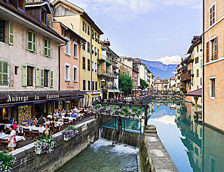 餐馆,运河,阿纳西,隆河阿尔卑斯山省,法国,欧洲