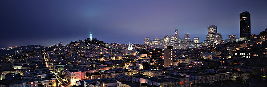 美国,加利福尼亚,旧金山,科伊特塔,市区,夜晚,大幅,尺寸