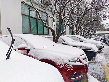 停车场里积雪覆盖的汽车