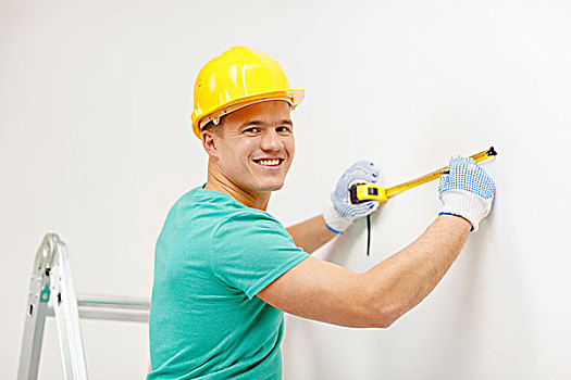 修理,建筑,家,概念,微笑,男人,黄色,防护,头盔,测量,墙壁