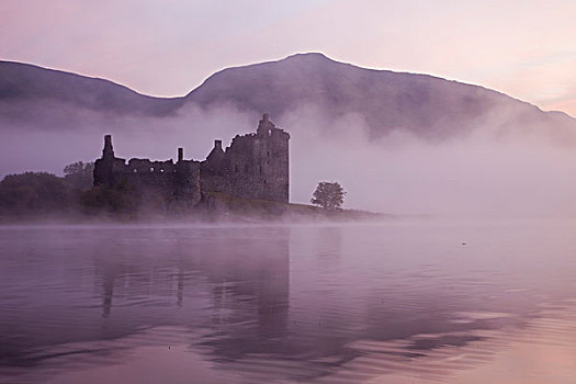反射,城堡,奥尔湖,湖,雾,斯特拉斯克莱德,苏格兰