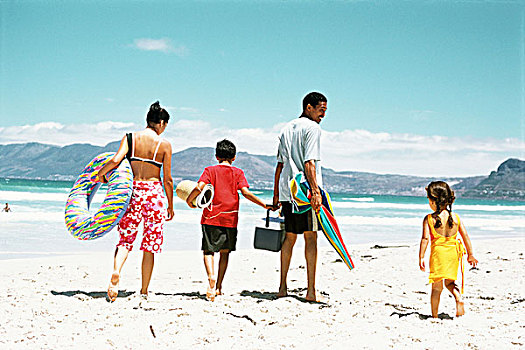 家庭,走,海滩,后视图