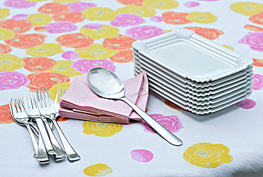 长方形,盘子,勺子,餐巾,叉子,彩色,桌布