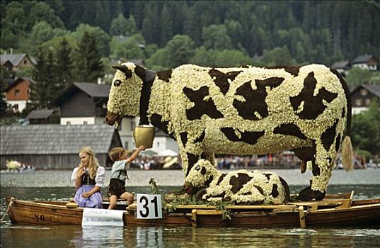 母牛,雕塑,船,传统,水仙花,节日,湖,施蒂里亚,奥地利
