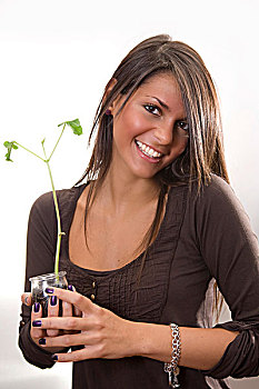 年轻,女人,20多岁,拿着,容器,植物
