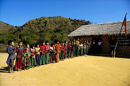 孩子,学生,排列,正面,学校,竹子,掸邦,缅甸
