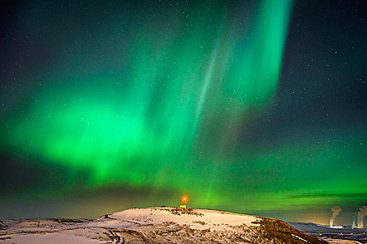 北极光,上方,山,冰岛,电厂,远景