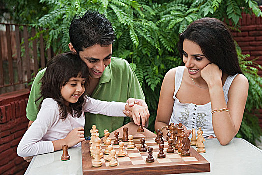 女孩,玩,下棋,父母