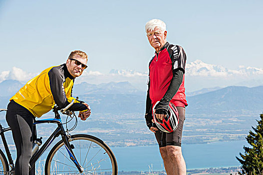 头像,老人,孙子,戴着,骑自行车,衣服,站立,山,日内瓦,瑞士,欧洲