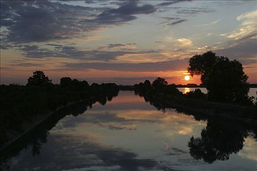 日落,上方,伊萨河,水道,慕尼黑,巴伐利亚,德国