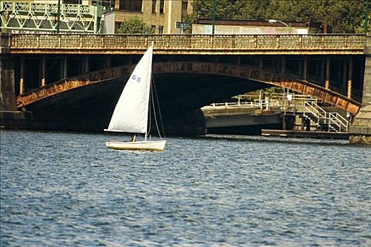 帆船,河,靠近,拱桥,波士顿,马萨诸塞,美国