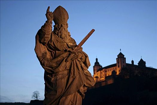 雕塑,要塞,玛利恩堡,夜晚,维尔茨堡,巴伐利亚,德国,欧洲
