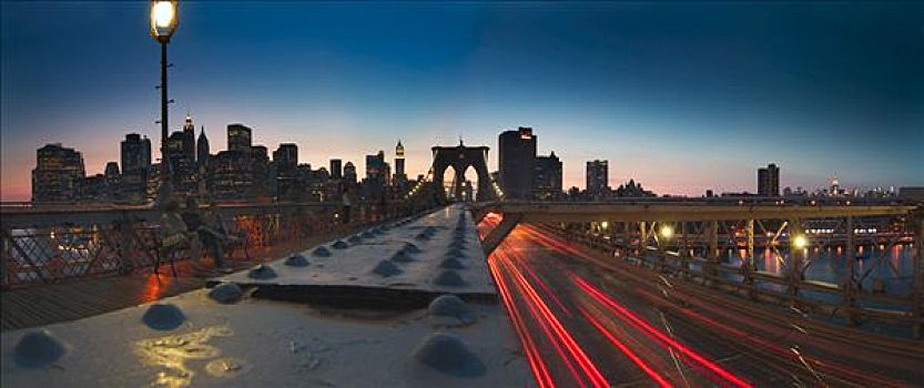 全景,布鲁克林大桥,夜晚,纽约,美国,北美