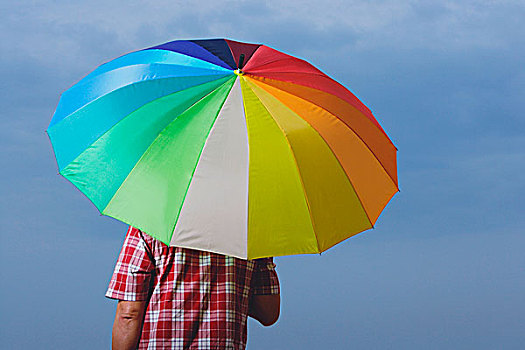 男人,彩虹,伞,后面