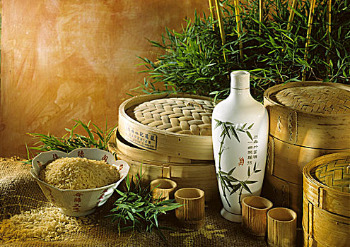 中国,静物,竹篮,米饭,花瓶