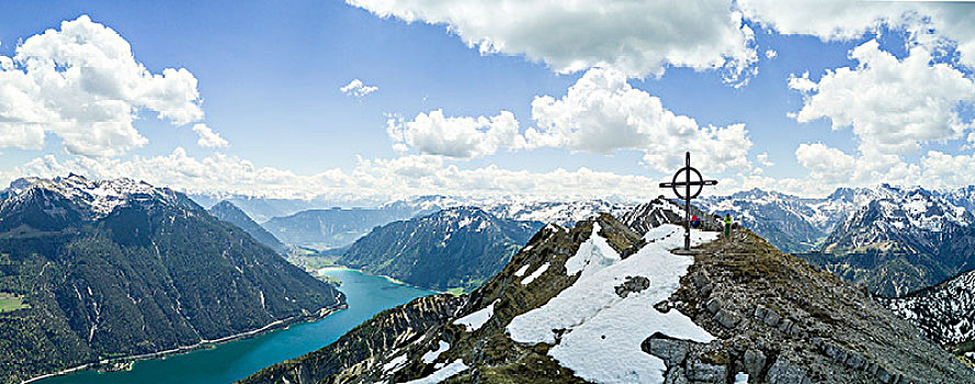 风景,阿亨湖地区,顶峰,十字架,航拍,阿尔卑斯山,全景,提洛尔,奥地利,欧洲