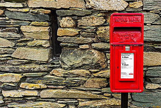 红色,邮箱,旁侧,石墙,英国,湖区国家公园