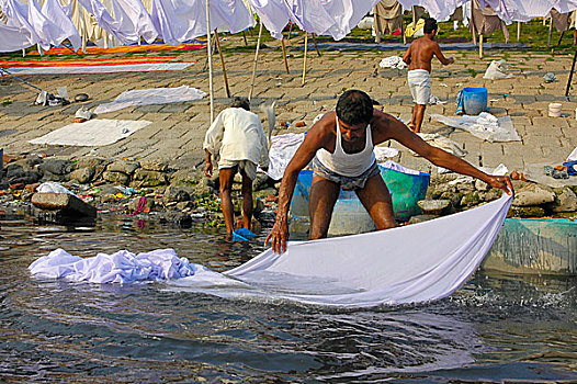 洗,衣服,污染,水,河,靠近,达卡,孟加拉,二月,2007年