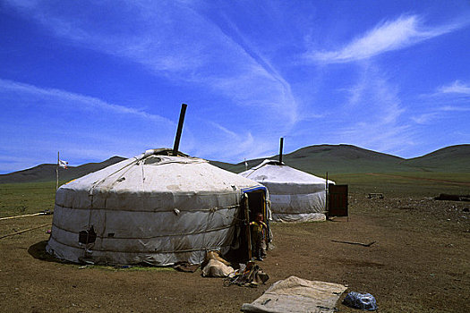 蒙古,靠近,乌兰巴托,草地,蒙古包,露营,洗衣服