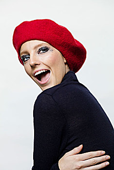 美女,红色,贝雷帽,微笑