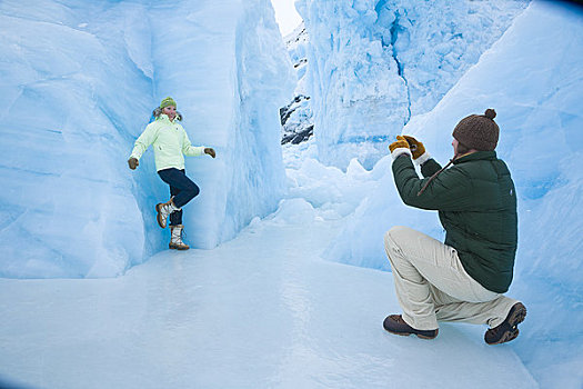 男人,拍照,朋友,走,冰山,冰冻,波蒂奇,湖,冰河,楚加奇国家森林,阿拉斯加