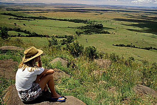 肯尼亚,马赛马拉国家保护区,小块土地,悬崖,靠近,场所,雀,非洲,女人,穿,帽子,五月