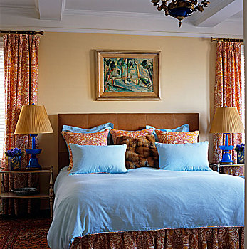 舒适,床,床头板,一对,蓝色,床边,灯