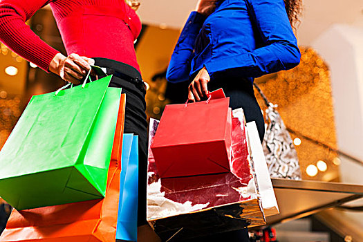 两个女人,购物中心,彩色,包,乐趣