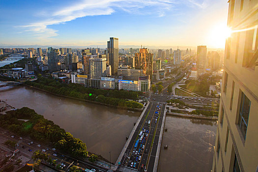 三江口,宁波三江口,鸟瞰,俯瞰,全景,江面,水,甬江,奉化江,夕阳,霞光,江厦桥