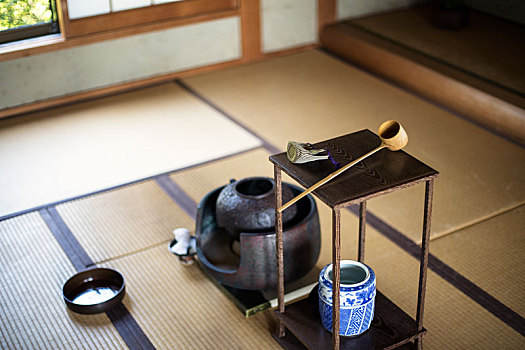 传统,日本茶,典礼,俯拍,水,容器,小,站立,竹子,长柄勺,榻榻米
