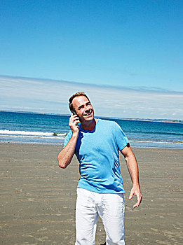 笑,男人,交谈,手机,电话,海滩