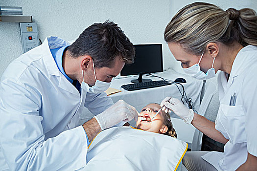 牙医,检查,女孩,牙齿,协助