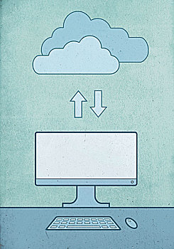 云,计算,台式电脑,蓝色背景
