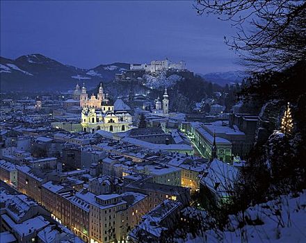 晚间,气氛,圣诞节,冬天,雪,萨尔茨堡,奥地利,欧洲,山峦,阿尔卑斯山