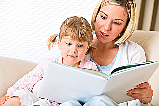 母亲,吃惊,小女孩,读,书本,一起,休闲