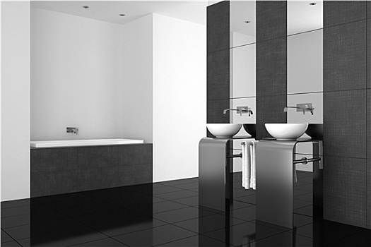 现代,浴室,一对,盆,黑色,地面