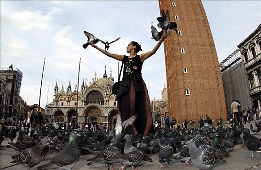 石头,鸽子,群,手臂,女人,喂食,地点,威尼斯,意大利