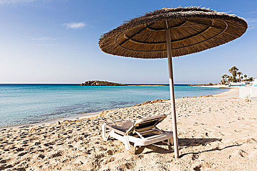海滩伞,休闲椅,海滩,胜地,塞浦路斯